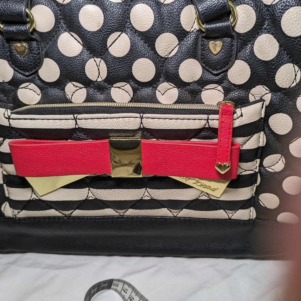 Betsey Johnson Black and White Polka Dot Tote with Red Bow Accent - Picture 3 of 10